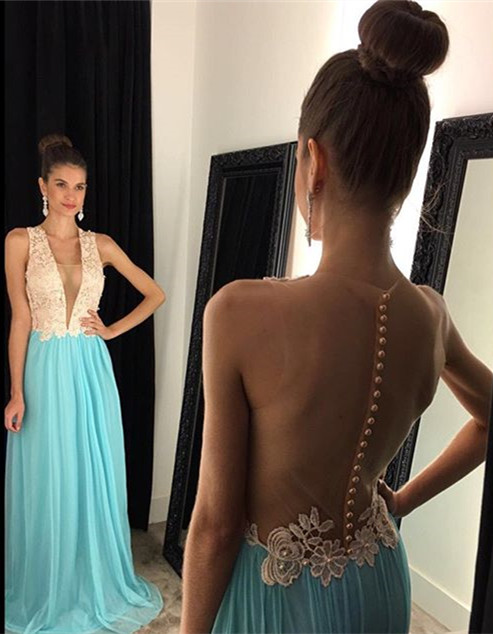 Prom Dresses,prom Dress,sparkly A-line Plunging Neck Chiffon Prom Dress Open Back 2016 Evening Gown