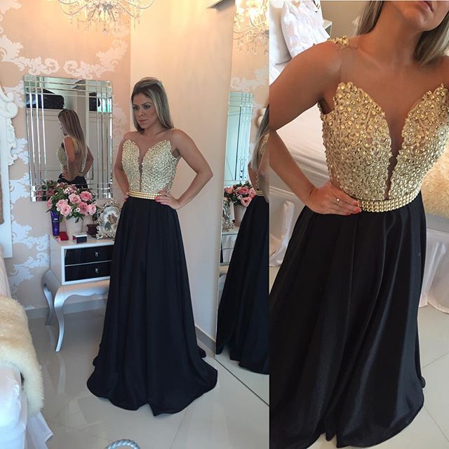 Modest Prom Dresses,sexy Prom Dress,black Prom Dresses Sleeveless Gold Beads Illusion Back Evening Gowns