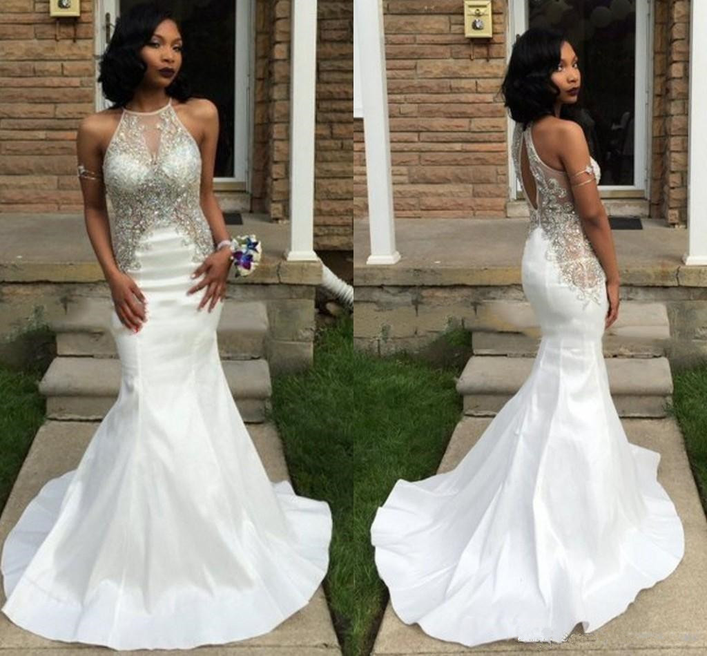 Prom Dresses,prom Dress,crystal Halter Sexy White Mermaid Sleeveless Prom Dress