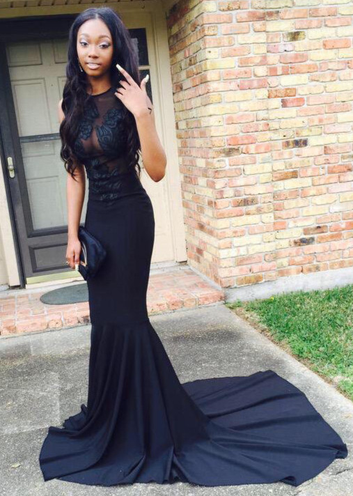 strapless open back dress Black Beading V-Neck Long Prom Dress with Attached Train PSK482 – Pgmdress main image 1