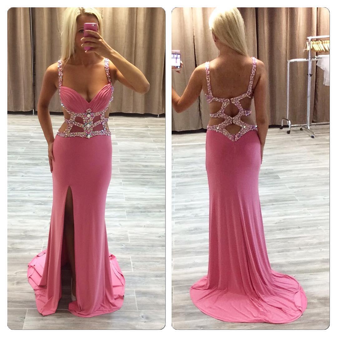 Prom Dresses,prom Dress,pink Side-slit Crystal Ruffles Glamorous Sheath Straps Prom Dress