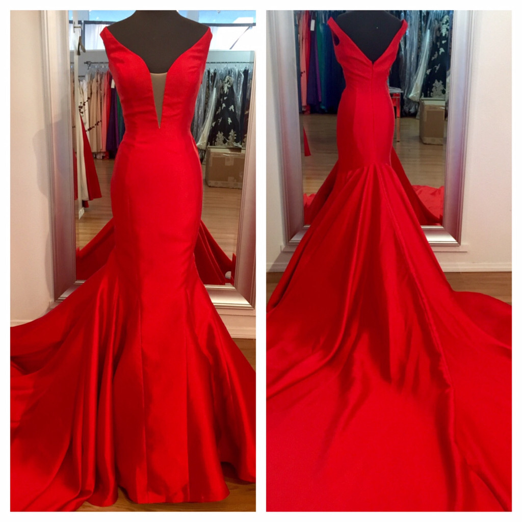 Red Sweetheart Satin Mermaid Prom Dress , Formal Gown , Evening Dress With Sweep Train