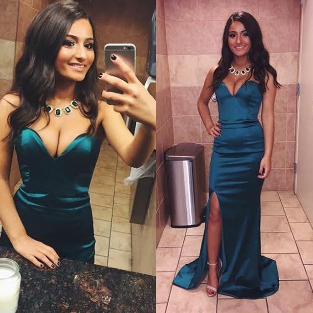 Prom Dresses,prom Dress,teal Sweetheart Satin Side Slit Fitted Formal Gown With Small Sweep Train