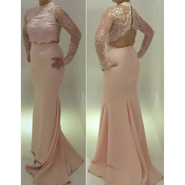 Prom Dresses,prom Dress,high Neck Two Piece Long Sleeves Mermaid Prom Gown With Cut Out Back