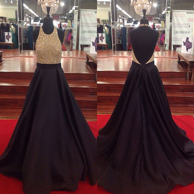 Black Prom Dresses,prom Dress,black Halter Satin A Line Open Back Prom Gown With Full Beaded Bodice