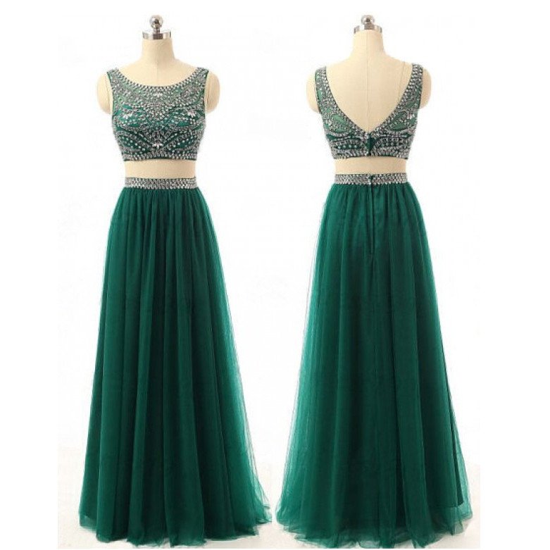 Sexy Evening Gowns Dark Green Two Piece Prom Dress, Formal Gown , Evening Dress With Beaded Crop Top