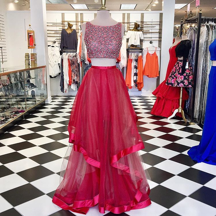 Sexy Evening Gowns Red Tulle Two Piece Prom Dress , Formal Gown ...