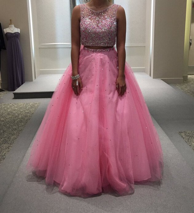 Sexy Evening Gowns Beaded Pink Tulle Two Piece Ball Gown Prom Dress With Open Back