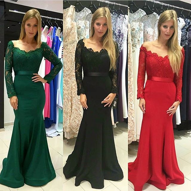 Prom Dresses,dark Green Off The Shoulder Mermaid Prom Gown, Evening Dress Long Sleeve