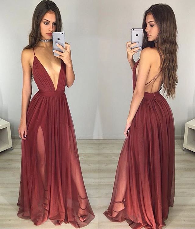 Prom Dresses,prom Dress,wine Red Deep V Neck Backless Long Dress, Evening Gown,prom Dress