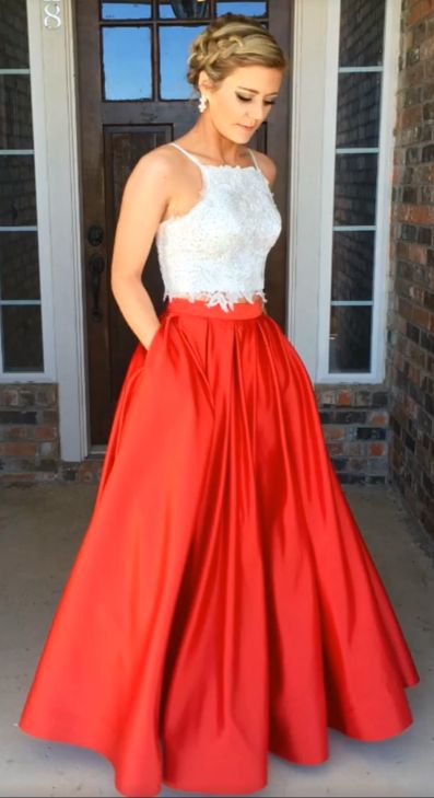 2 Piece Prom Gown,two Piece Prom Dresses,red Evening Gowns,2 Pieces Party Dresses,evening Gowns,lace Formal Dress,formal Gowns For Teens