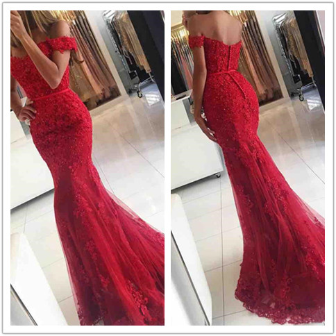 Red Prom Dresses,charming Evening Dress,off The Shoulder Prom Gowns,lace Prom Dresses, Prom Gowns,red Evening Gown,mermaid Party Dresses