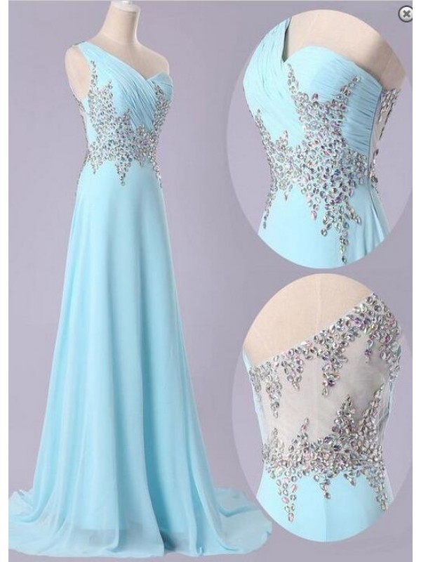 One Shoulder Prom Dresses,light Blue Prom Dress,chiffon Prom Gown,prom Dresses,evening Gowns, Styles Evening Dresses