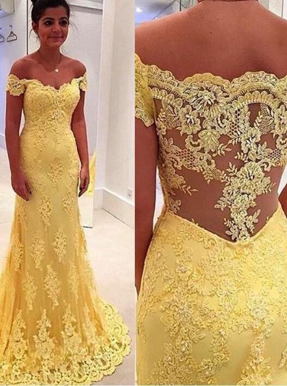 Prom Gown,yellow Prom Dresses With Lace,off The Shoulder Evening Gowns,mermaid Formal Dresses,yellow Prom Dresses