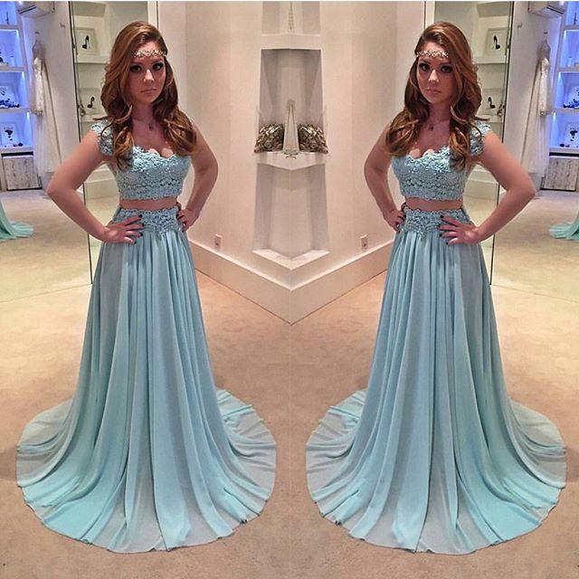 Prom Dresses,light Blue Prom Dress, Prom Gown,2 Pieces Prom Dresses,chiffon Evening Gowns,2 Piece Evening Gown,lace Prom Gowns,cap Sleeves Prom