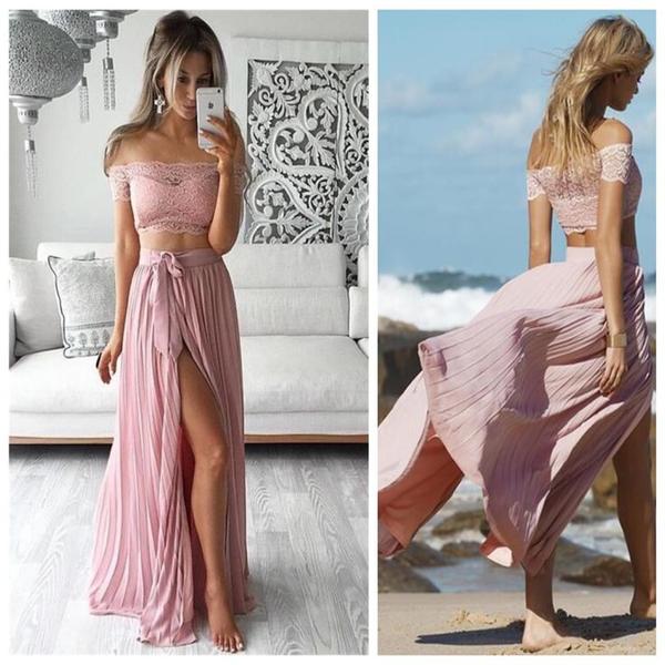 Two Piece Prom Dresses Lace Top Off The Shoulder Short Sleeves Thigh-high Slit Sexy Evening Gowns