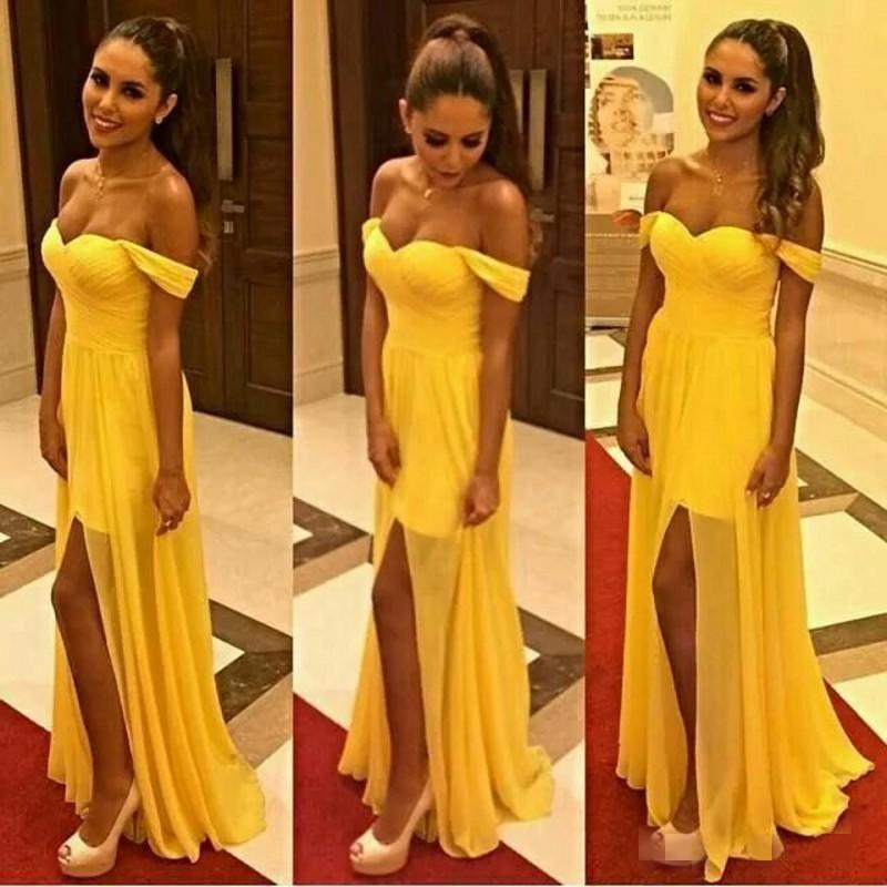Prom Dresses,off The Shoulder Prom Gown,chiffon Evening Dress,slit Prom Dress,evening Gowns,yellow Formal Dress