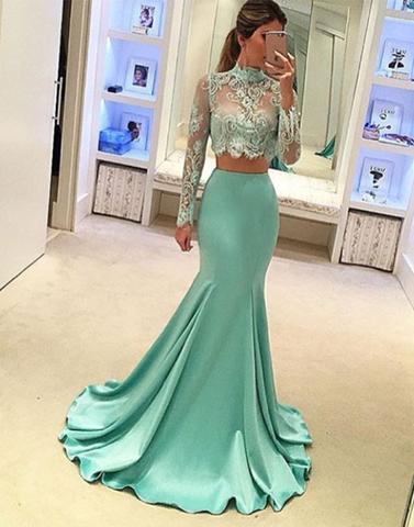 Mint Green Prom Dresses, 2 Piece Prom Gowns,2 Piece Prom Dresses,lace Prom Dresses,mermaid Prom Gown,prom Dress With Lace For Teens