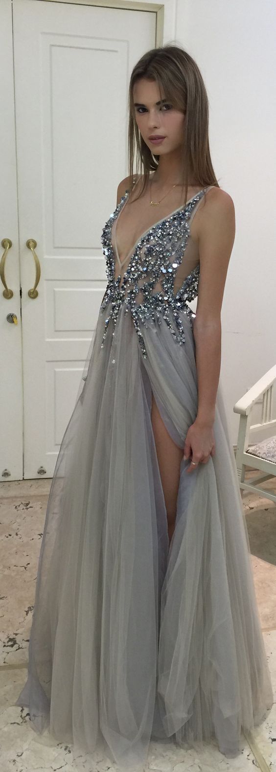 Gray Prom Dresses,beaded Prom Dress,gray Prom Dresses,formal Gown,ball Gown Evening Gowns,modest Party Dress,slit Prom Gown For Teens