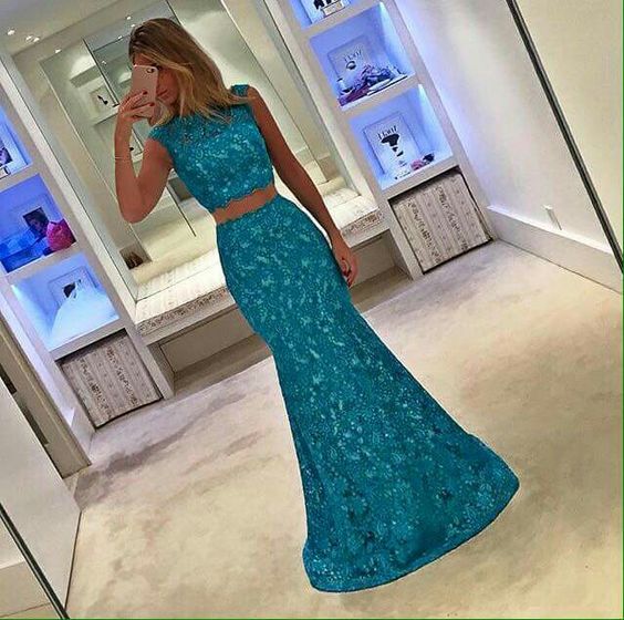 Lace Prom Dresses,blue Prom Dress,modest Prom Gown,blue Prom Gown,evening Dress,2 Pieces Evening Gowns,mermaid Party Gowns