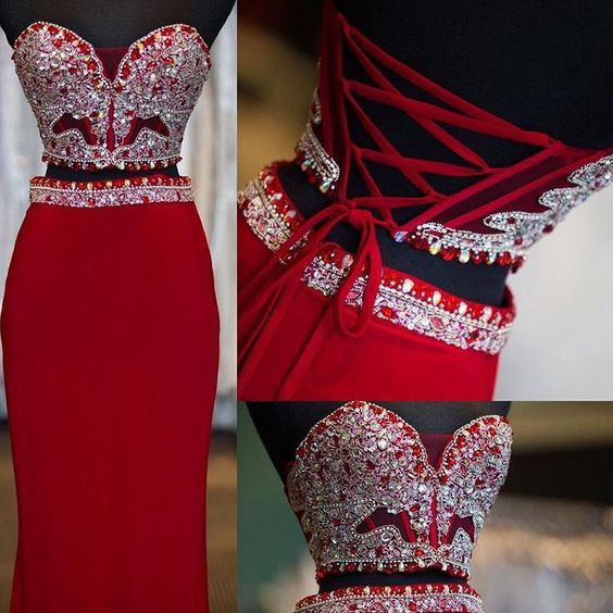 2 Piece Prom Gown,two Piece Prom Dresses,red Evening Gowns,2 Pieces Party Dresses,chiffon Evening Gowns,sparkle Formal Dress,bling Formal Gowns