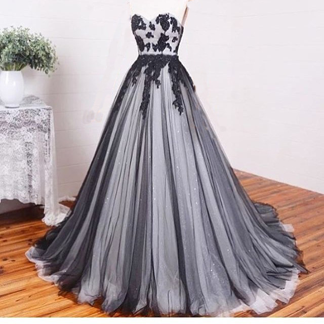Prom Dress,lace Prom Dresses,a-line Black+white Tulle Lace Chiffon Long Evening Dress, Formal Dresses,grad Dresses,woman Dresses