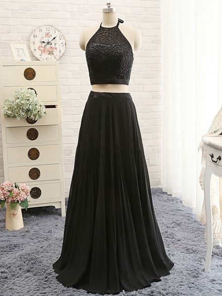 Prom Dress,black Prom Dress,black Two Pieces Prom Dress,a-line Beading Chiffon Long Prom Dress,grad Dresses