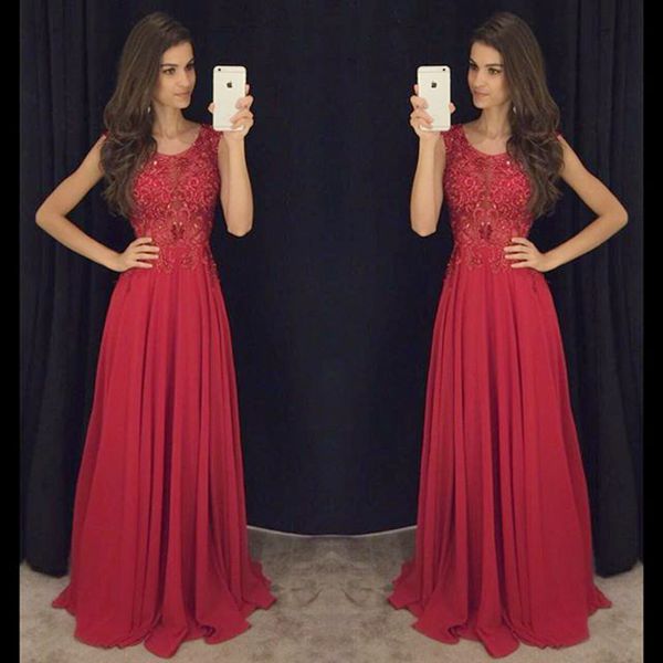 Prom Dress,red Lace Prom Dresses,a-line Chiffon Long Prom Dress, 2017 Evening Formal Gowns ,wedding Dresses
