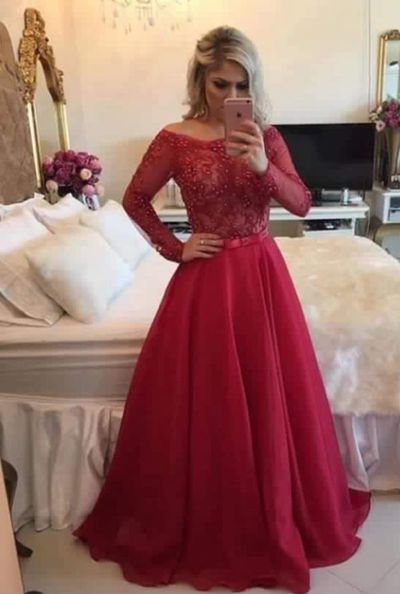 Prom Dress,pretty Red A-line Lace Long Sleeve Prom Dress,formal Gown