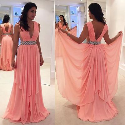 Unique Design Pink V-neck Chiffon Long Prom Dress,formal Dresses