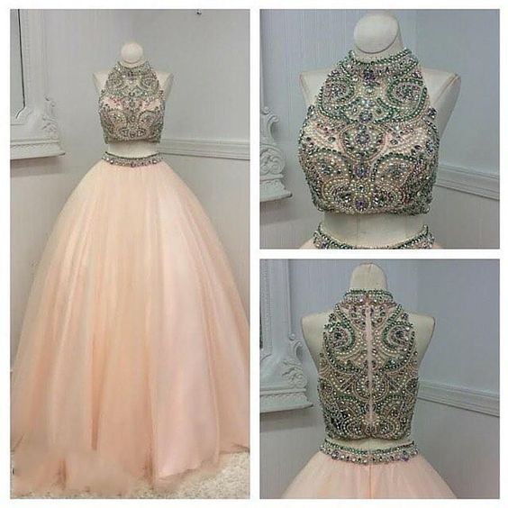 Beaded Prom Dress,two Pieces Prom Dress,halter Prom Dress,fashion Prom Dress,sexy Party Dress, Style Evening Dress