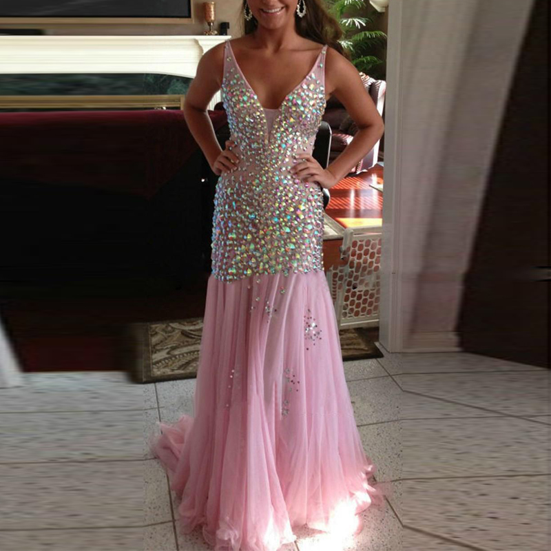Rhinestone Prom Dress,pink Prom Dress,deep V Neck Prom Dress,fashion Prom Dress,sexy Party Dress, Style Evening Dress