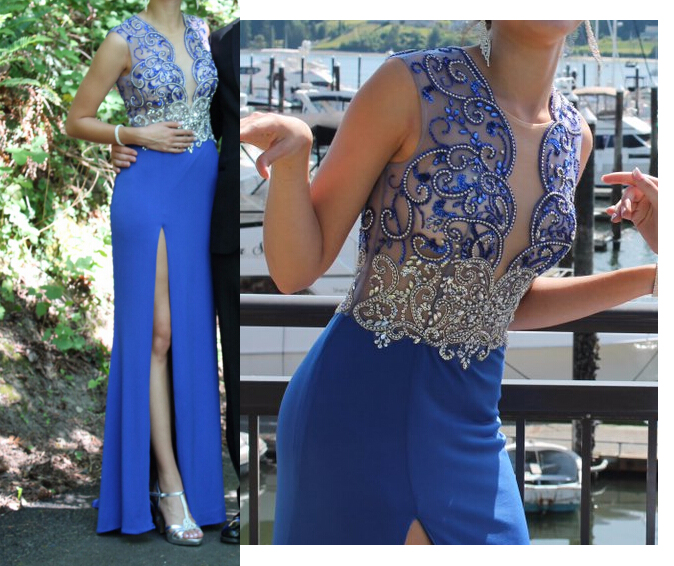 Beaded Prom Dress,split Prom Dress,royal Blue Prom Dress,fashion Prom Dress,sexy Party Dress, Style Evening Dress