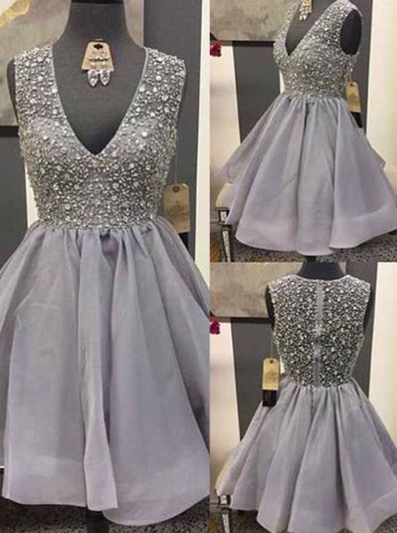 Grey Prom Dress,beaded Prom Dress,mini Prom Dress,fashion Homecomig Dress,sexy Party Dress, Style Evening Dress