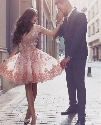 Pink Prom Dress,applique Prom Dress,lace Prom Dress,fashion Homecoming Dress,sexy Party Dress, Style Evening Dress