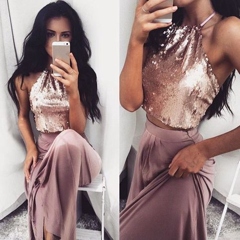 Sequins Party Dress,two Pieces Prom Dress,halter Prom Dress,fashion Prom Dress,sexy Party Dress, 2017 Evening Dress