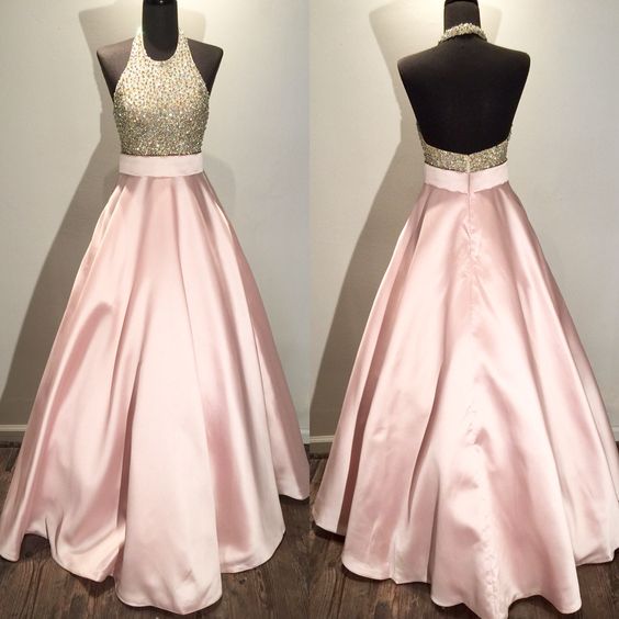 Halter Prom Dress,pink Prom Dress,beaded Prom Dress,bodice Prom Dress,fashion Prom Dress, Party Dress, 2017 Evening Dress