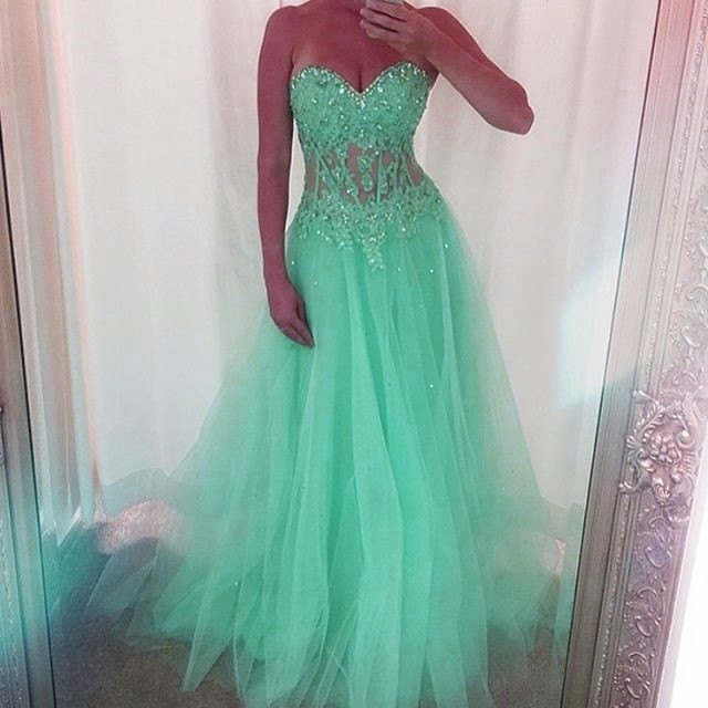 Prom Dress,modest Prom Dress,mint Green ,long ,tulle ,prom Dresses, Sweetheart Neckline ,with ,lace, Appliques ,2017prom Dress