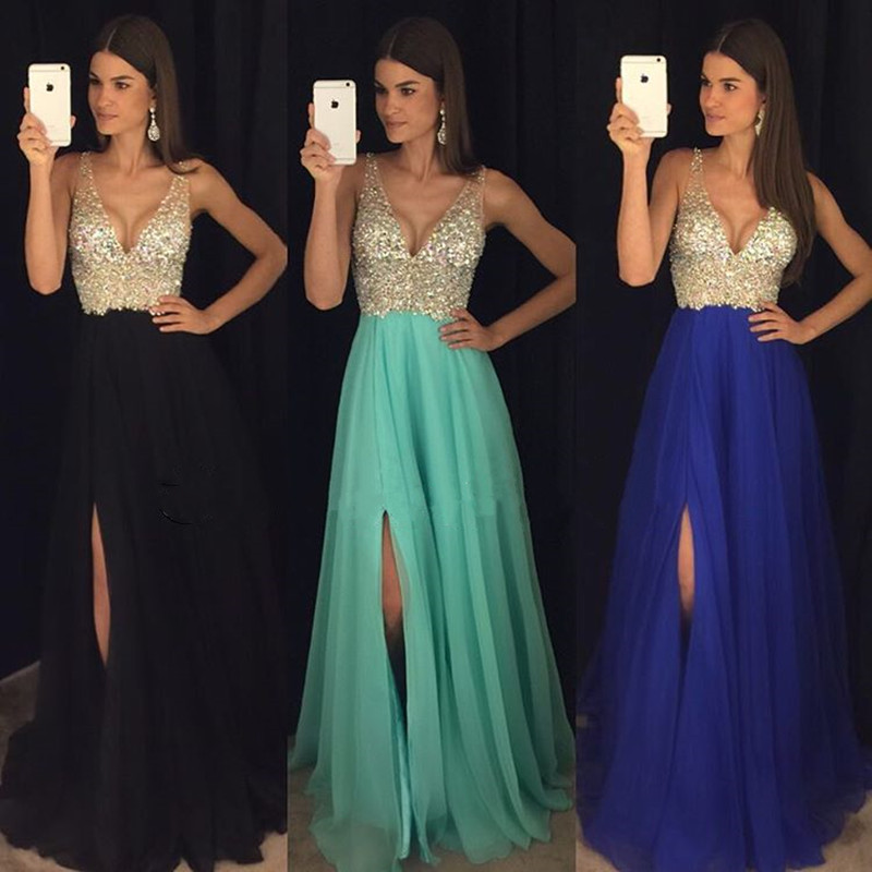 Prom Dress,modest Prom Dress,sparkly Crystal Beaded V Neck Open Back Long Chiffon Prom Dresses 2017 Pageant Evening Gowns With Leg Slit