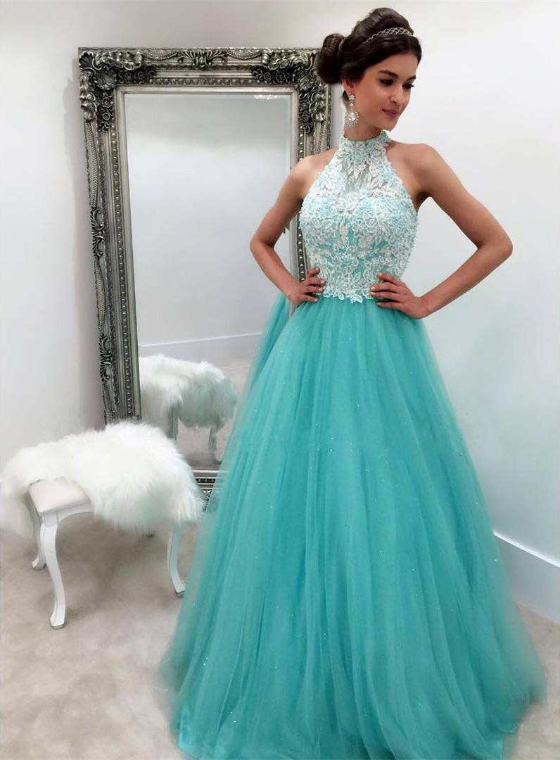 Prom Dress,modest Prom Dress,white Lace Appliques Halter Long Organza Turquoise Prom Dresses Ball Gowns 2017