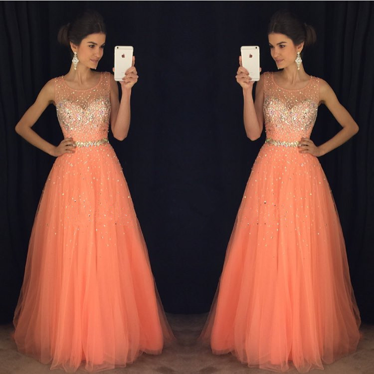 Prom Dress,modest Prom Dress,coral Prom Dresses,cap Sleeves Prom Gowns,long Evening Dress,beaded Prom Dresses 2017