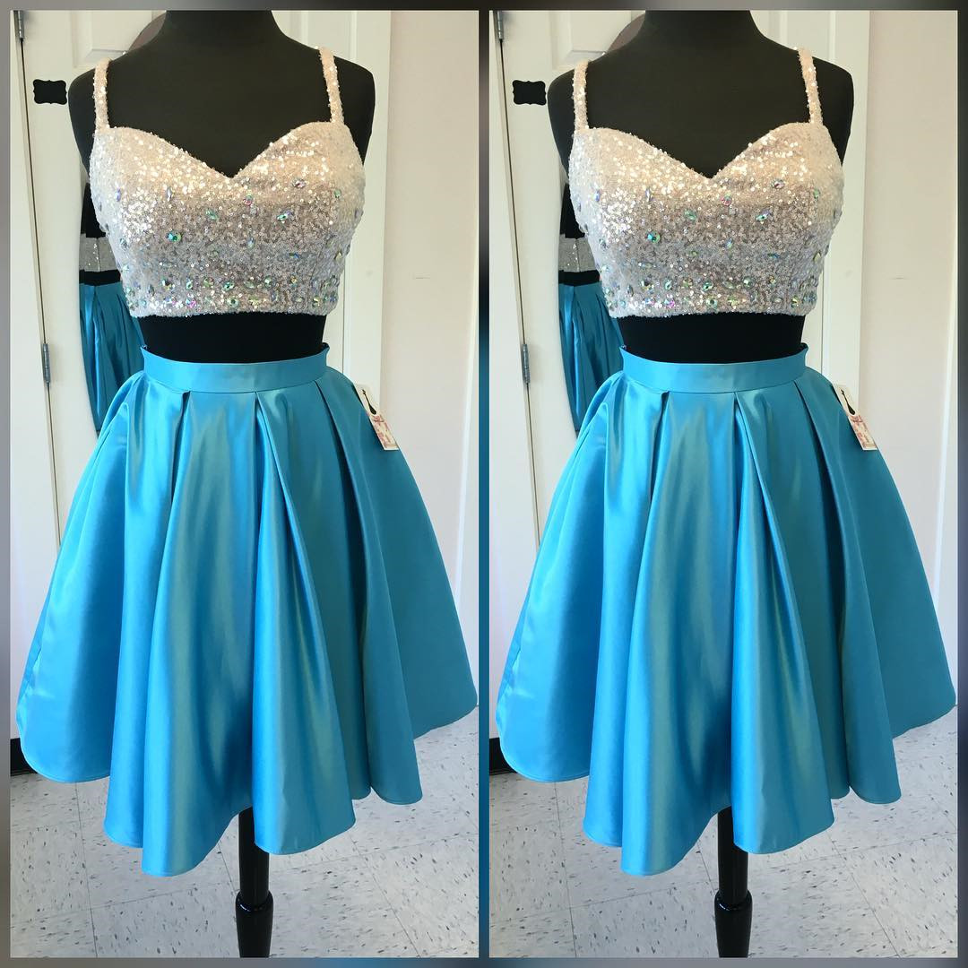 Homecoming Dresses,women's Party Dresses,short Satin Two Piece Homecoming Dresses With Sequin Top,sparkly Prom Gowns,short Cocktail