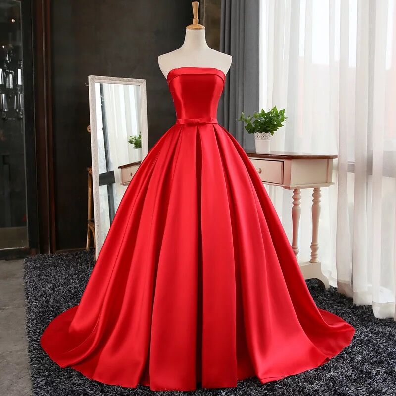 Prom Dress,modest Prom Dress,red Satin Ball Gowns Prom Evening Dresses 2017 Strapless Formal Dress