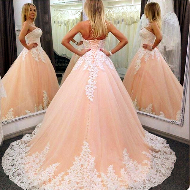 Prom Dress,modest Prom Dress,white Lace Appliques Sweetheart Tulle Ball Gowns Quinceanera Dresses 2017 Elegant Coral Prom Dress