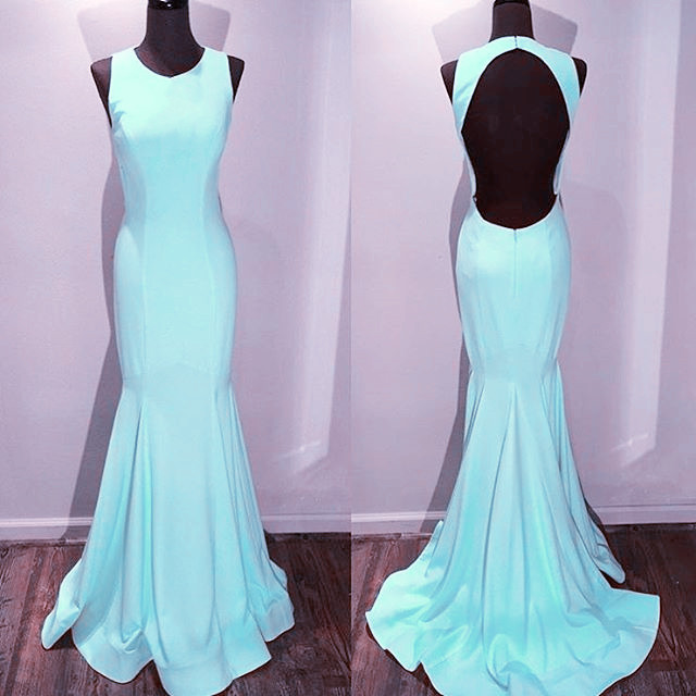 Prom Dress,modest Prom Dress,light Blue Satin Backless Mermaid Prom Dresses 2017