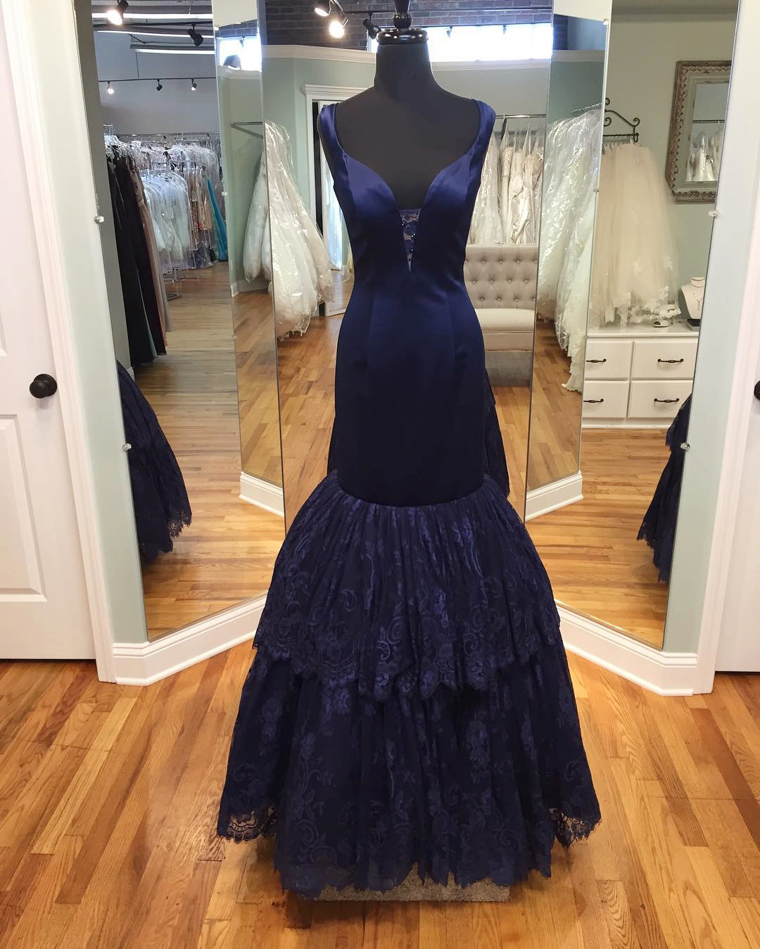 Prom Dress,modest Prom Dress,navy Blue Prom Dress,mermaid Evening Dress,elegant Satin Prom Gowns,ruffles Dress,prom Dress 2017