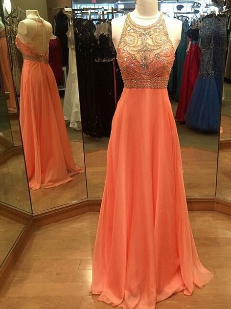 Prom Dress,modest Prom Dress,long Prom Dresses Sleeveless Backless Sweep Train Chiffon With Crystal Beading Party Dress A-line Formal Dress