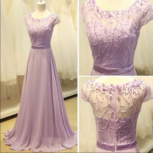Prom Dress,modest Prom Dress,cap Sleeve Light Purple Long Chiffon Prom Dress A Line Party Dresses Bridesmaid Dress
