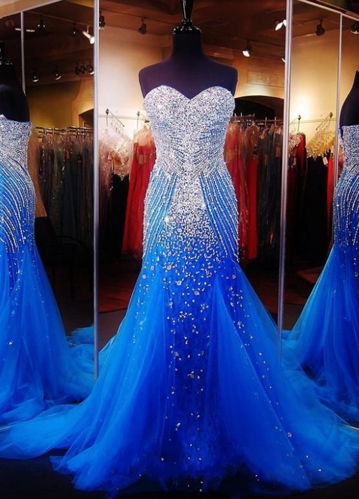 Royal Blue Prom Dresses,royal Blue Prom Dress,silver Beaded Formal Gown,mermaid Beadings Prom Dresses,evening Gowns,tulle Formal Gown For Senior