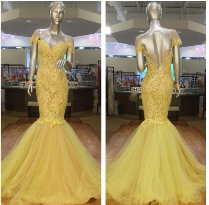 New Arrival Prom Dress,Modest Prom Dress,Stunning Yellow Off the shoulder short Sleeves 2017 Evening Dress Lace Mermaid Prom Gown